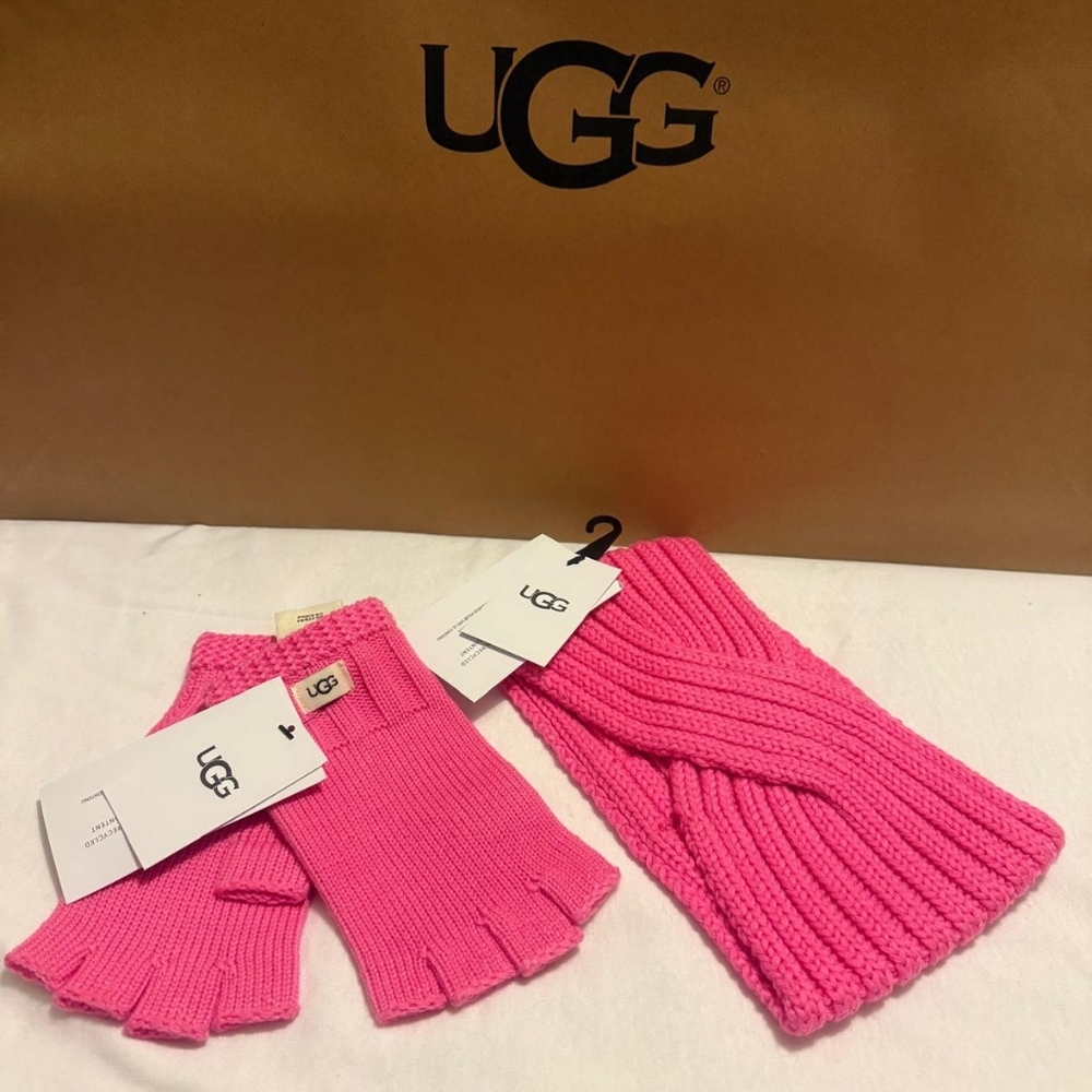 UGG Pink Knit Fingerless Gloves and Knit Headband Set